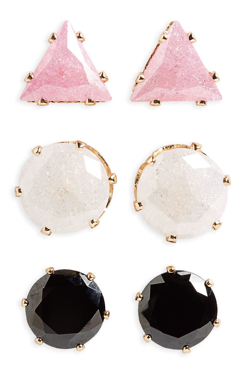 3-Pack Geometric Stud Earrings, Main, color, BLACK/ PINK/ CRYSTAL