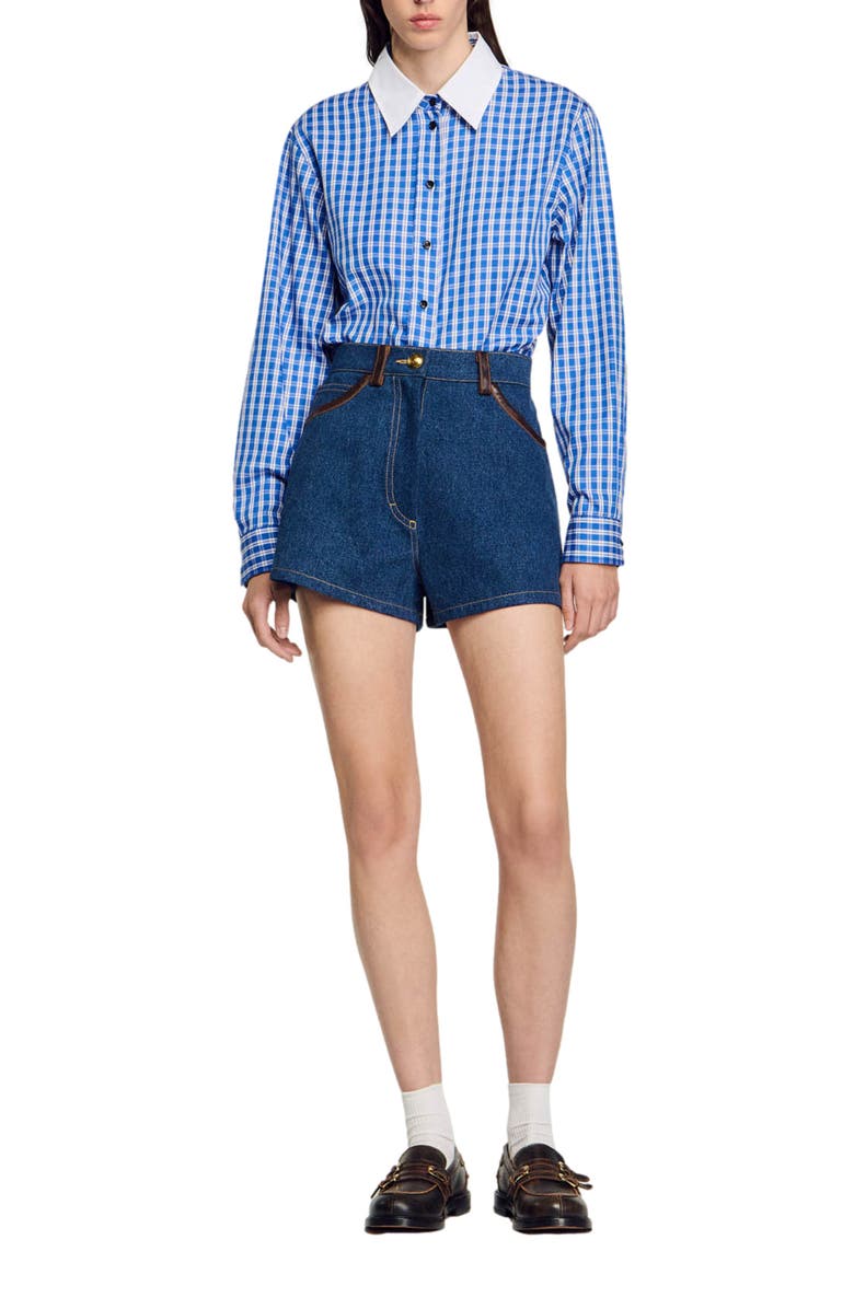 SANDRO Denim shorts with leather details, Main, color, 