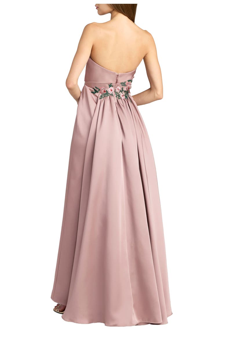 Mac Duggal Strapless Satin Beaded Floral Gown, Alternate, color, Mocha