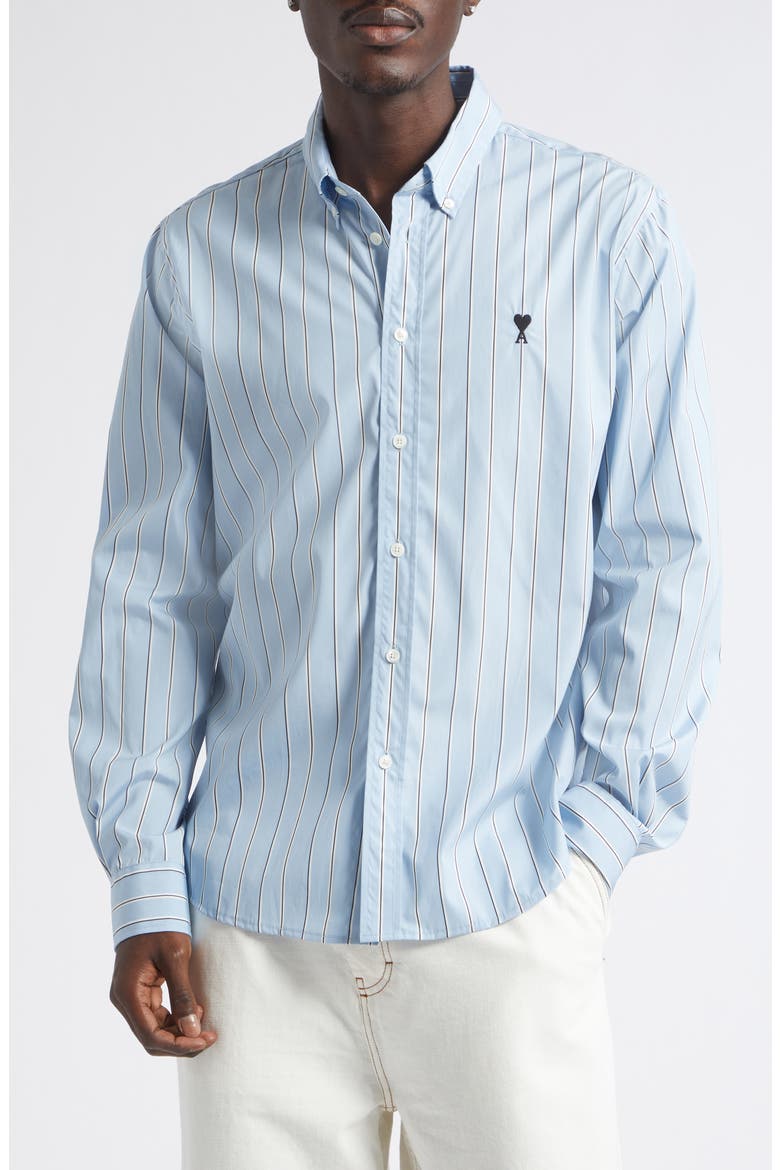 Ami de Coeur Stripe Cotton Poplin Button-Down Shirt, Main, color, BLEU CACHEMIRE/ IVOIRE