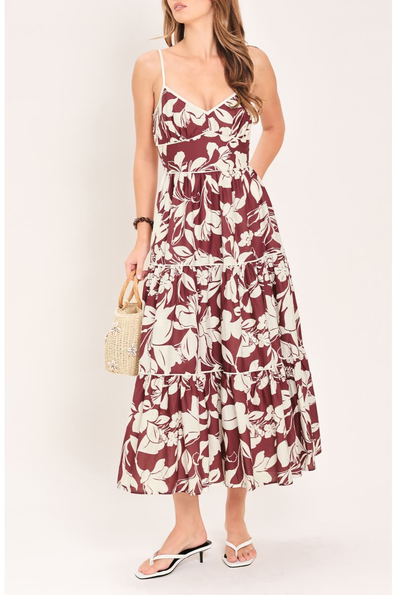 Floral Tiered Cotton Midi Dress, Alternate, color, MAROON