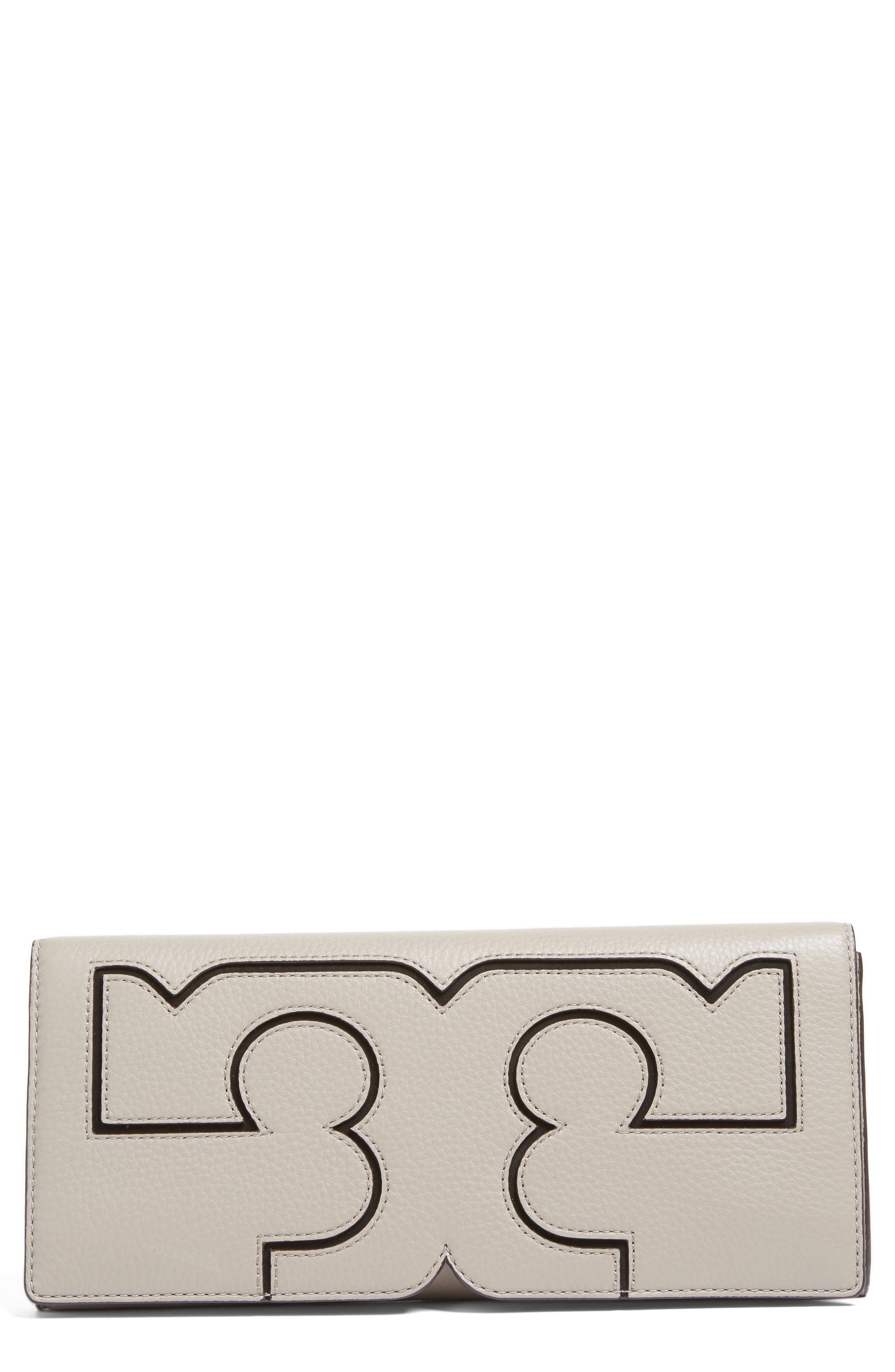 Serif Leather Clutch, Main, color, FRENCH GRAY