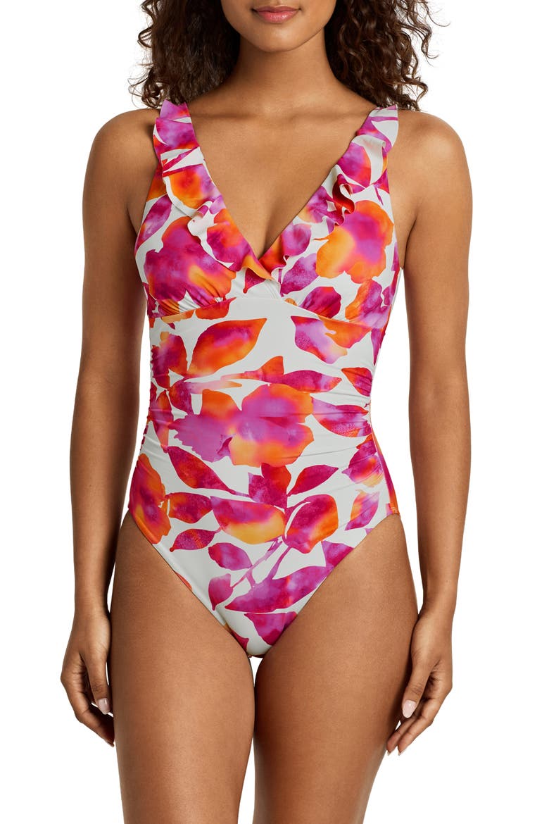Ruffle Underwire One-Piece Swimsuit, Main, color, PINK/ WHITE MULTI
