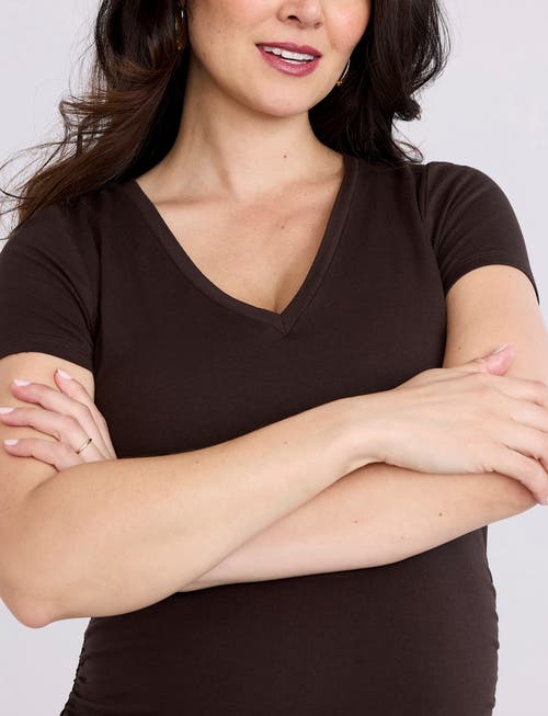 Motherhood Maternity V-neck Side-ruched Maternity Short Sleeve Tee In Brown
