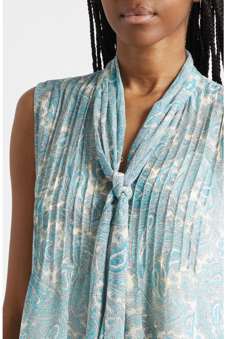 Hendrix Lois Paisley Pleated Tie Neck Top, Alternate, color, GARDENIA/ BLUE GRAPHITE