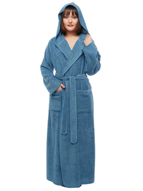 Arus Ankle Length Long Cotton Robe With Hood In Blue
