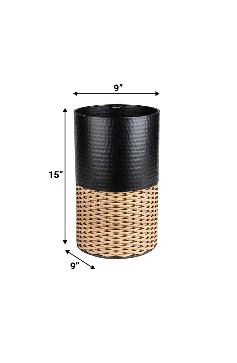 HAPPIMESS Asher Modern 2-Tone Faux Wicker/Metal Cylinder Waste Basket, Alternate, color, Black/Natural