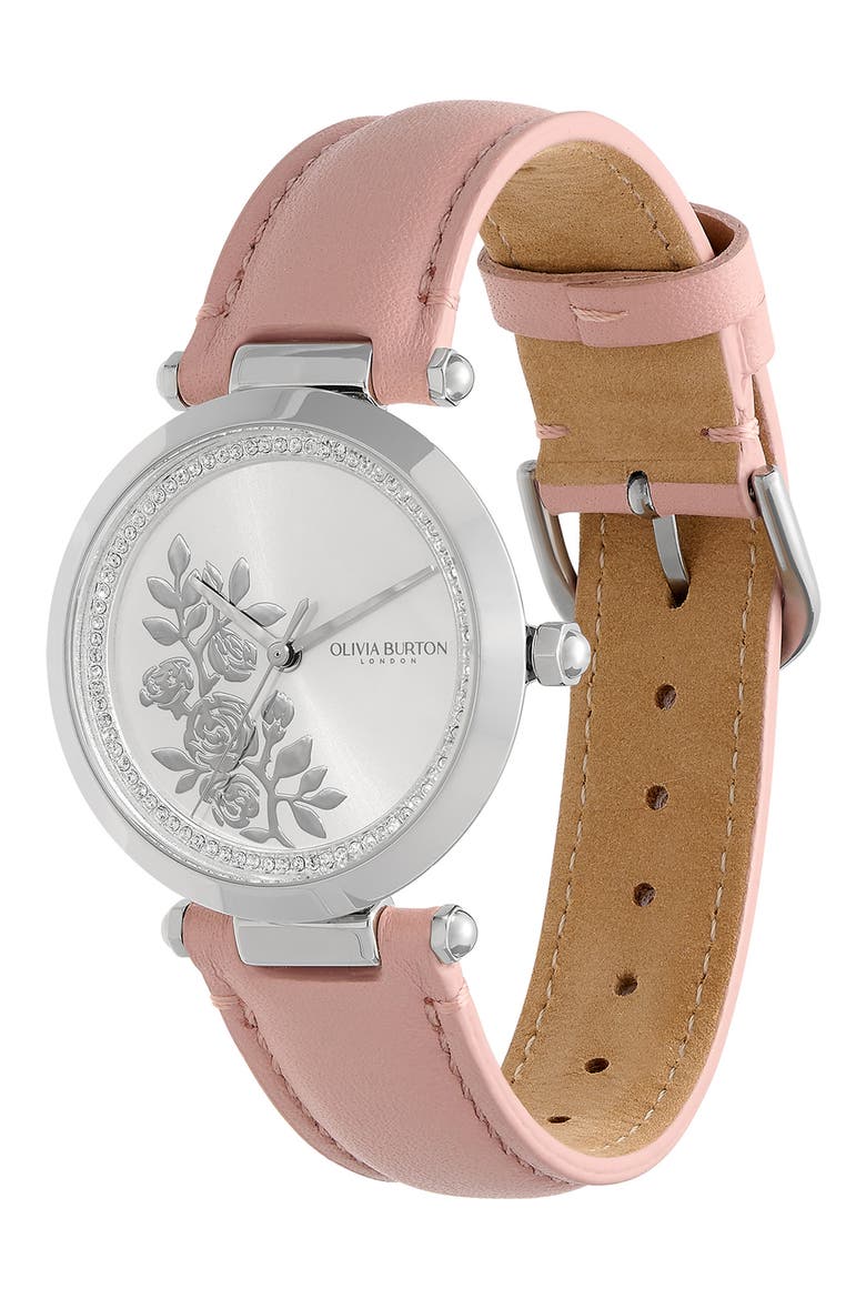 Signature Florals Leather Strap Watch, 34mm, Alternate, color, PINK