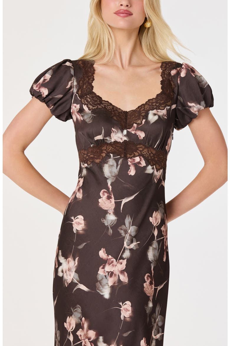 Almandina Floral Print Lace Trim Maxi Dress, Alternate, color, BROWN FLORAL