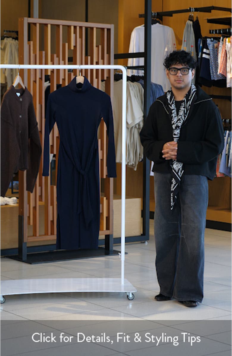 Turtleneck Tie Waist Long Sleeve Rib Cotton Blend Midi Dress, sales video thumbnail