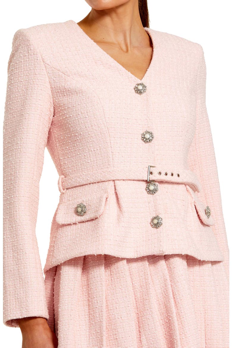 V-Neck Bouclé Long Sleeve Mini Dress with Buttons, Alternate, color, Blush