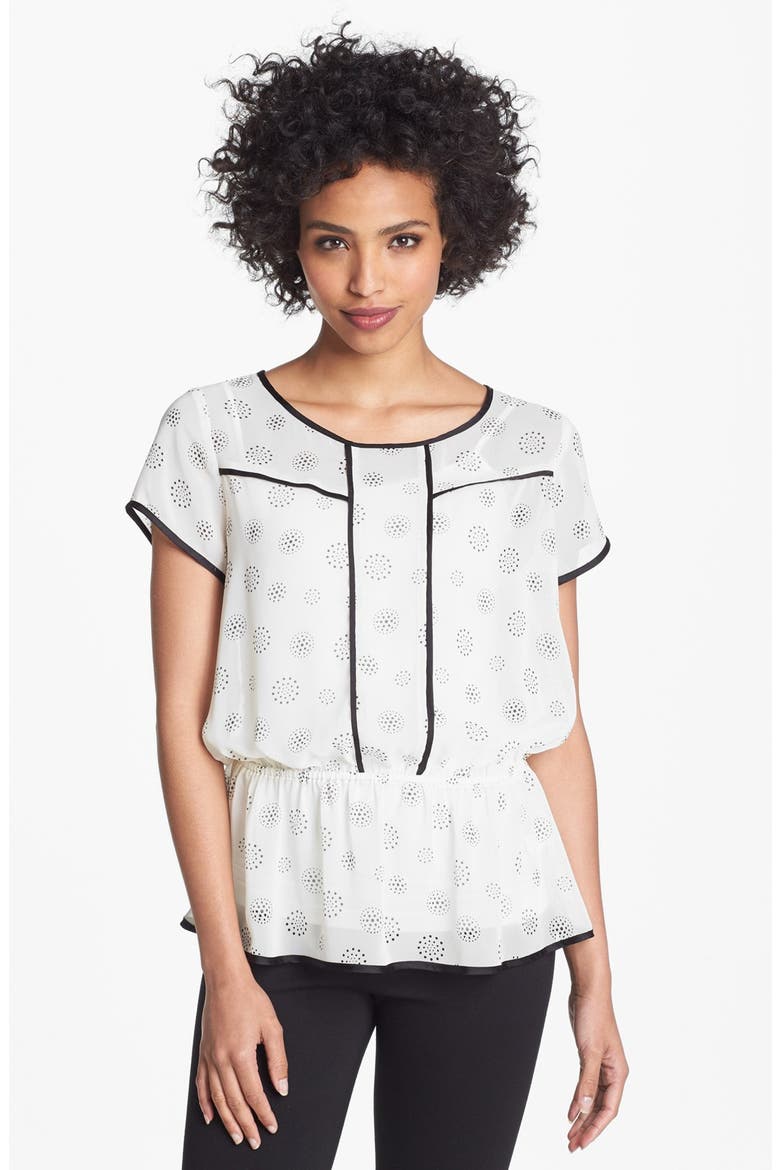 Contrast Trim Print Peplum Top, Main, color, IVORY WITH BLACK PIPING