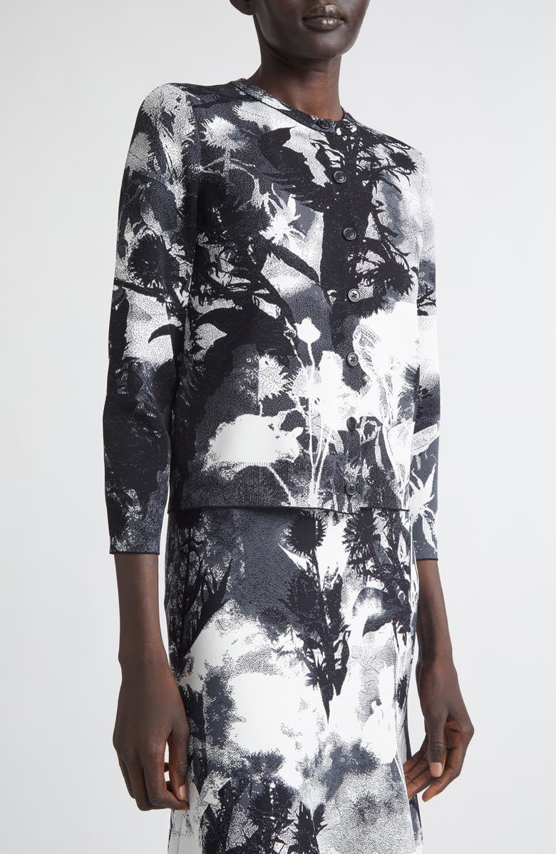 McQueen Floral Jacquard Crewneck Cardigan, Alternate, color, Ivory/ Black