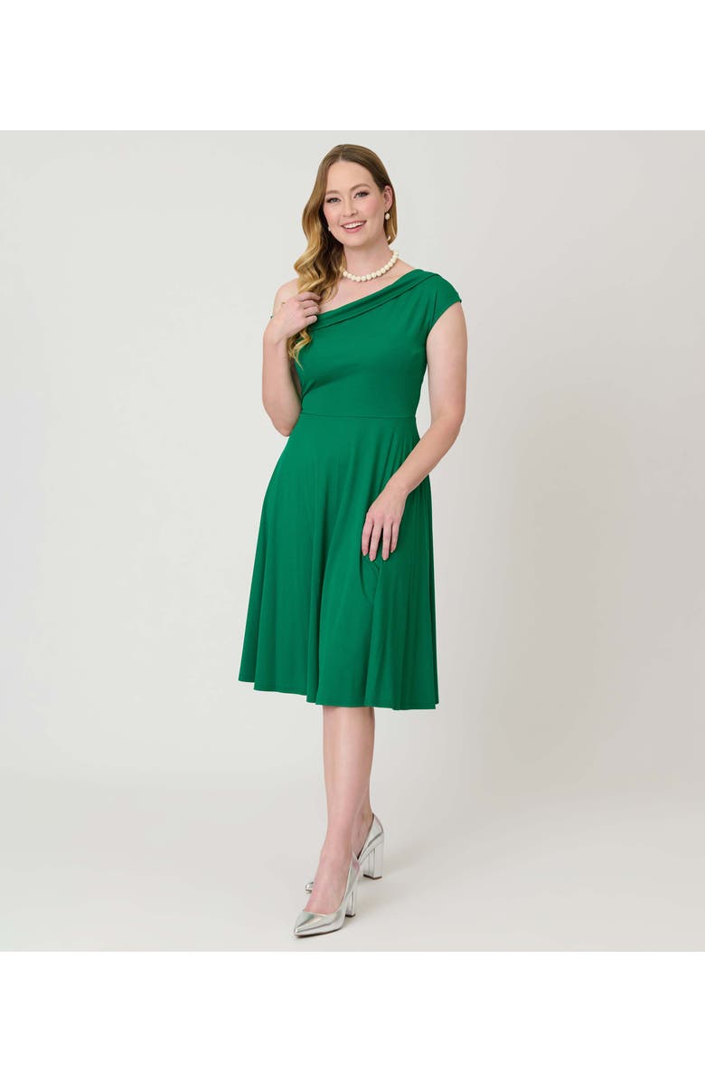 Unique Vintage Asymmetrical Neck Swing Dress, Main, color, Green Solid