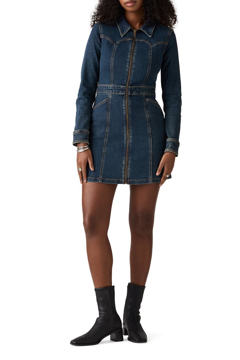 Retro Long Sleeve Denim Minidress, Main, color, DOLLY PARDON ME