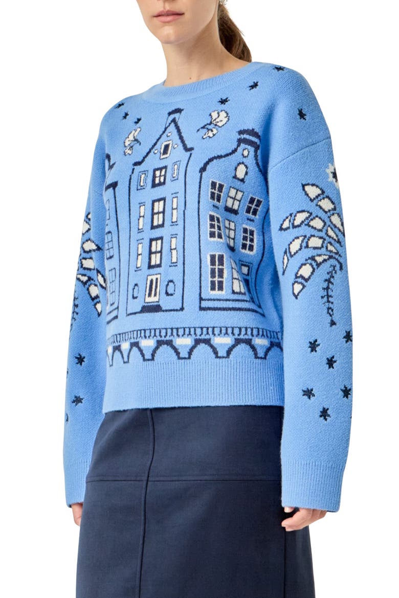 Townhouse Holiday Sweater, Alternate, color, CORNFLOWER BLUE