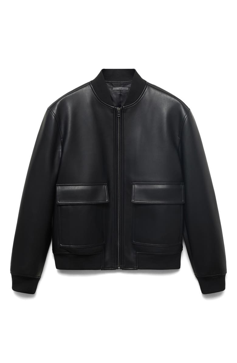MANGO Faux Leather Bomber Jacket, Alternate, color, Black