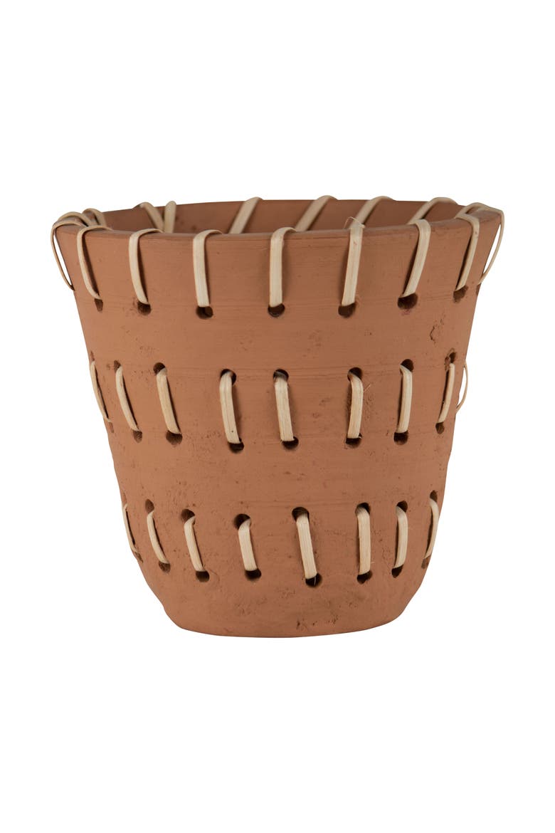 Natural Handthrown Terracotta Planter with Woven Rattan Accents, Main, color, Brown
