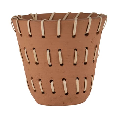 Natural Handthrown Terracotta Planter with Woven Rattan Accents