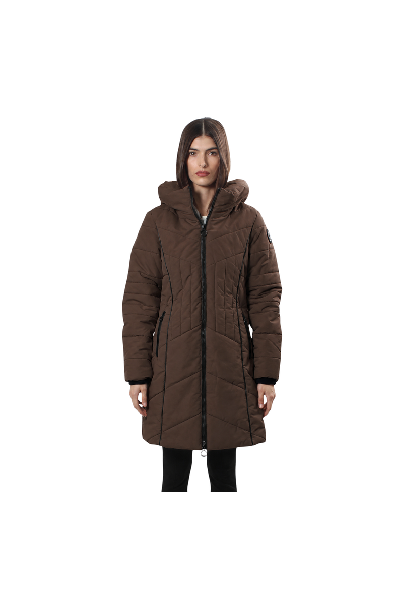 Women's Long Puffer Jacket with  Faux Fur Trim, Main, color, Chocolate