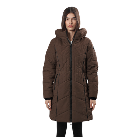 Women's Long Puffer Jacket with Faux Fur Trim