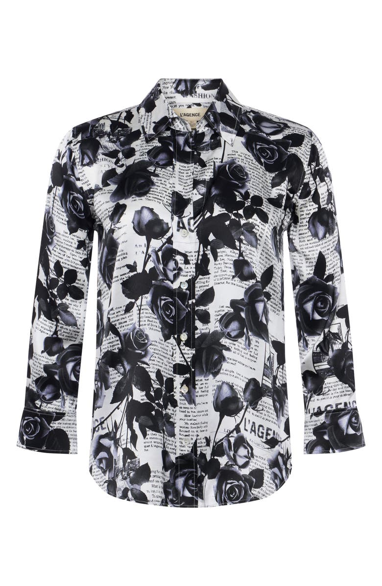 L'AGENCE Dani Floral Silk Charmeuse Blouse, Alternate, color, White/ Black Rose Newspaper