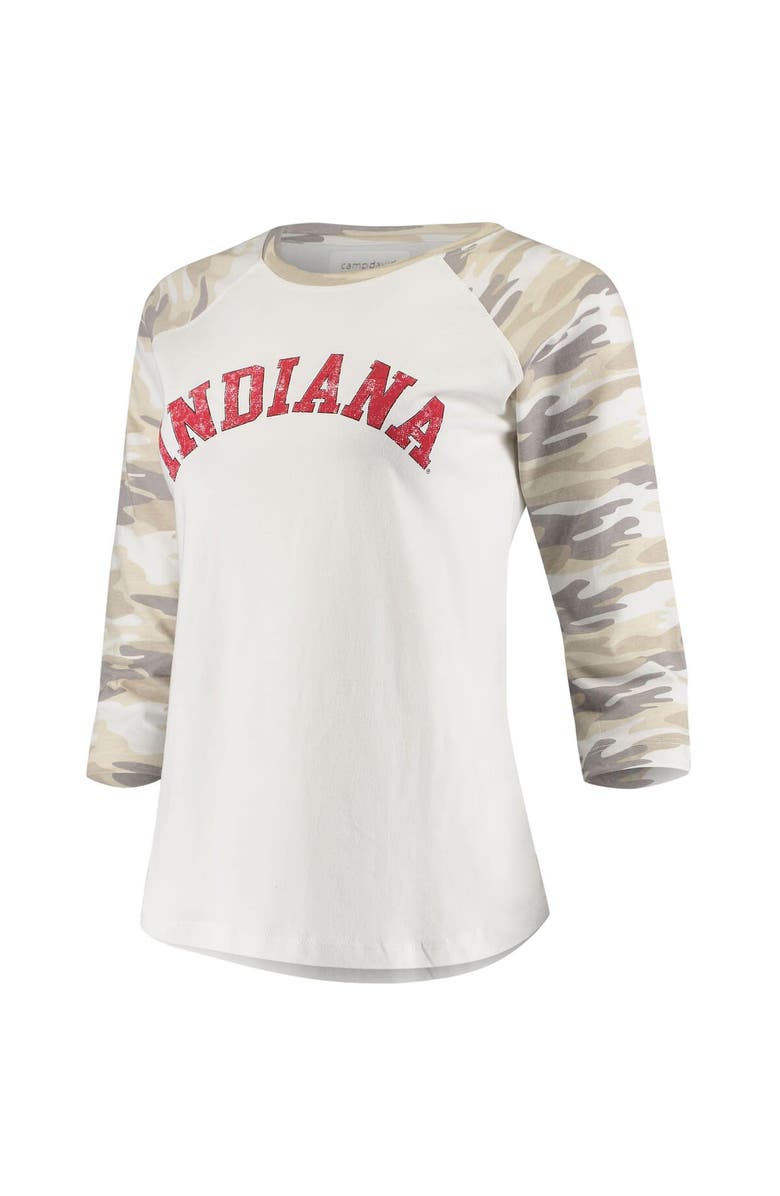 CAMP DAVID Women's White/Camo Indiana Hoosiers Boyfriend Baseball Raglan 3/4 Sleeve T-Shirt, Alternate, color, White