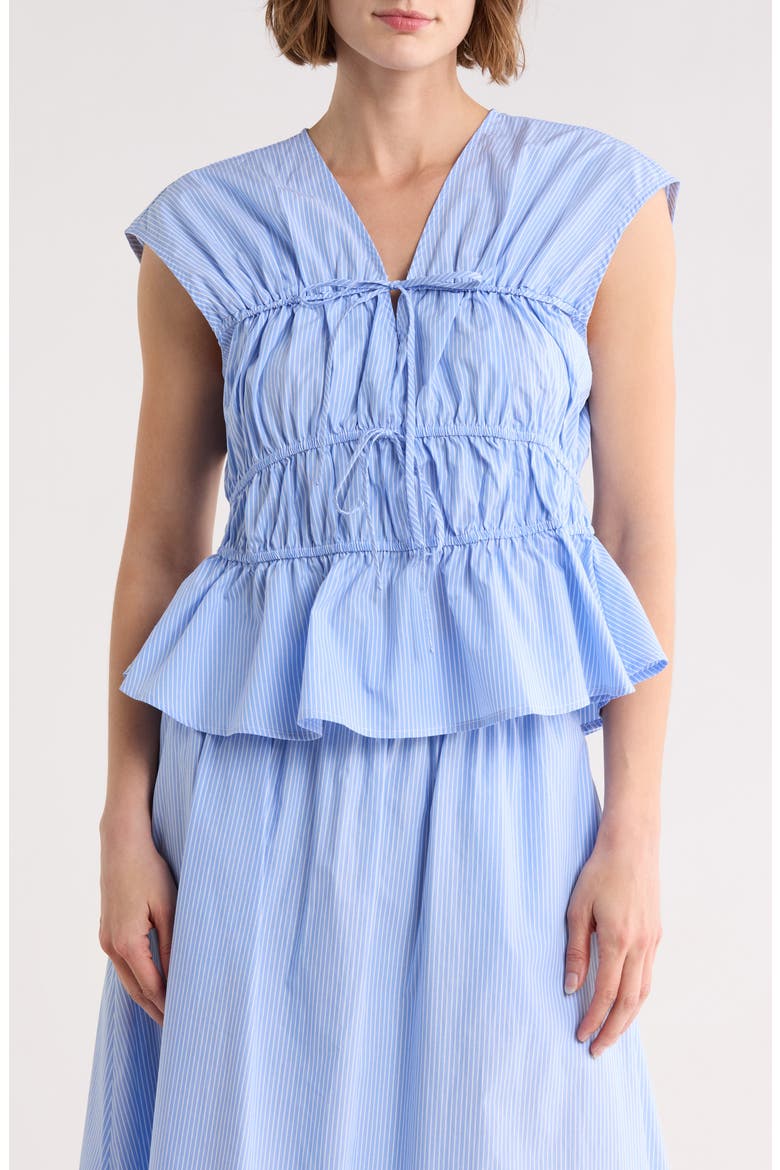 Shirred Tie Poplin Top, Main, color, BLUE/ WHITE STRIPE