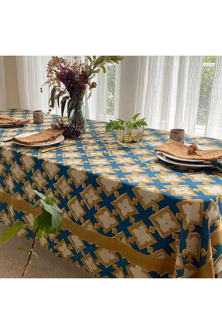 Boho Organic Cotton Tablecloth, Alternate, color, Blue