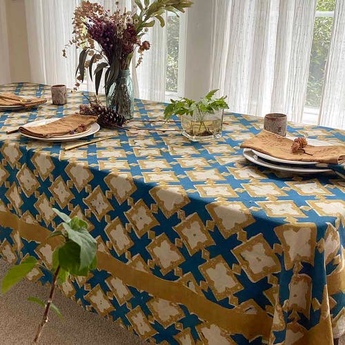Ichcha Boho Organic Cotton Tablecloth In Blue