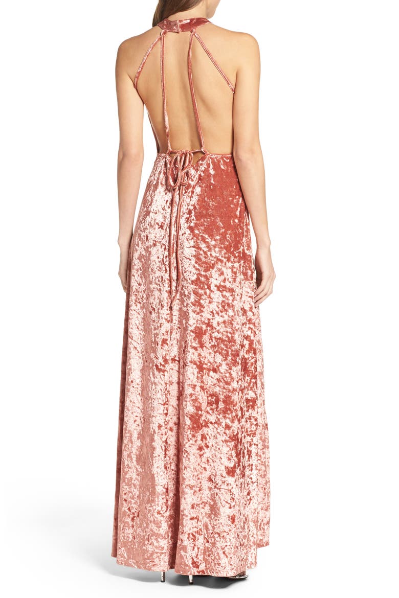 Strappy Back Crushed Velvet Gown, Alternate, color, ROSE GOLD