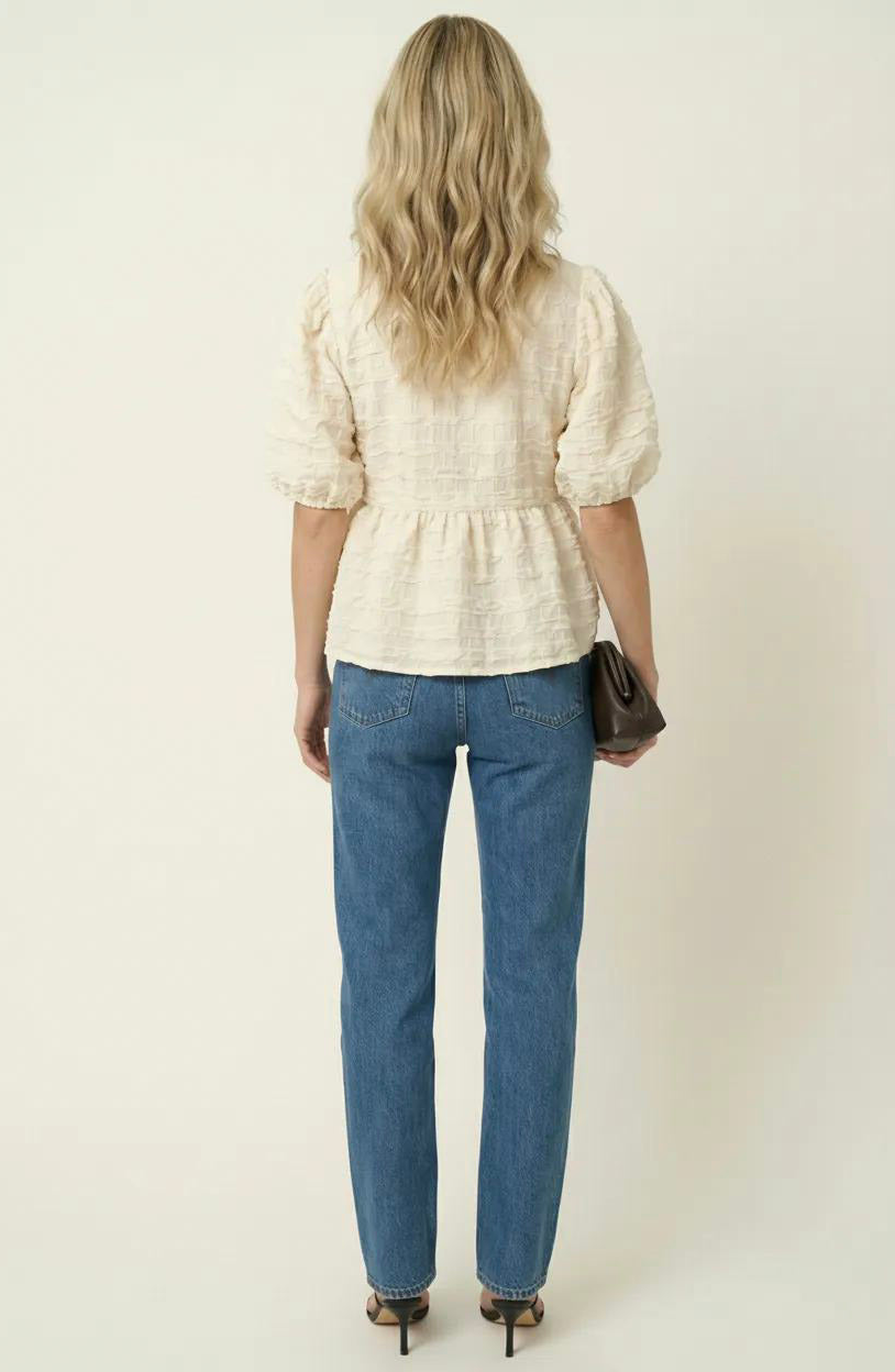 Textured Puff Sleeve Peplum Blouse - image 2