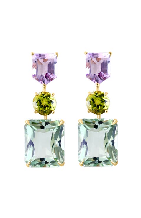 14K Yellow Gold ,Pink Amethyst, Green Amethyst, Peridot Drop Earrings