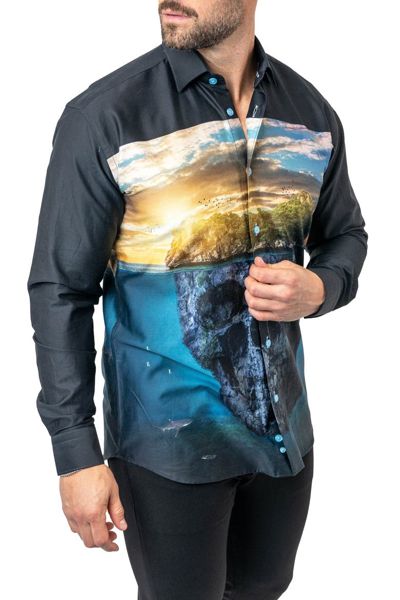 Fibonacci Skull Island Cotton Button-Up Shirt, Alternate, color, BLACK