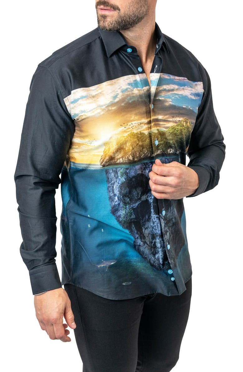 Maceoo Fibonacci Skull Island Cotton Button-Up Shirt, Alternate, color, Black