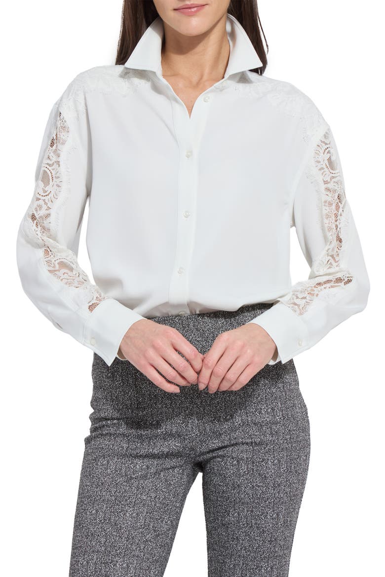 Natasha Lace Trim Button-Up Shirt, Main, color, ICE