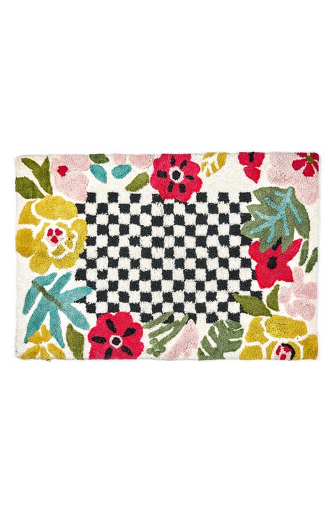 Floral Checkerboard Cotton Bath Rug