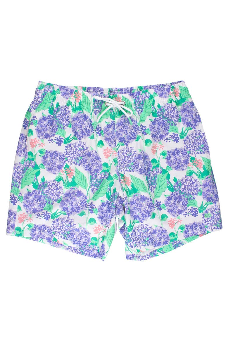 UPF50+ Sun Protected Men's Stretch Swim Trunks, Main, color, Purple Hydrangea Garden