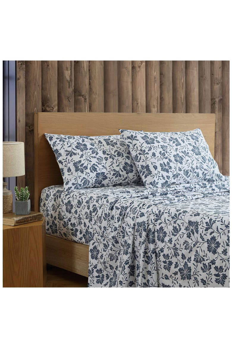 Woodblock Floral 200 Thread Count Cotton Percale Sheet Set, Alternate, color, WHITE/ BLUE