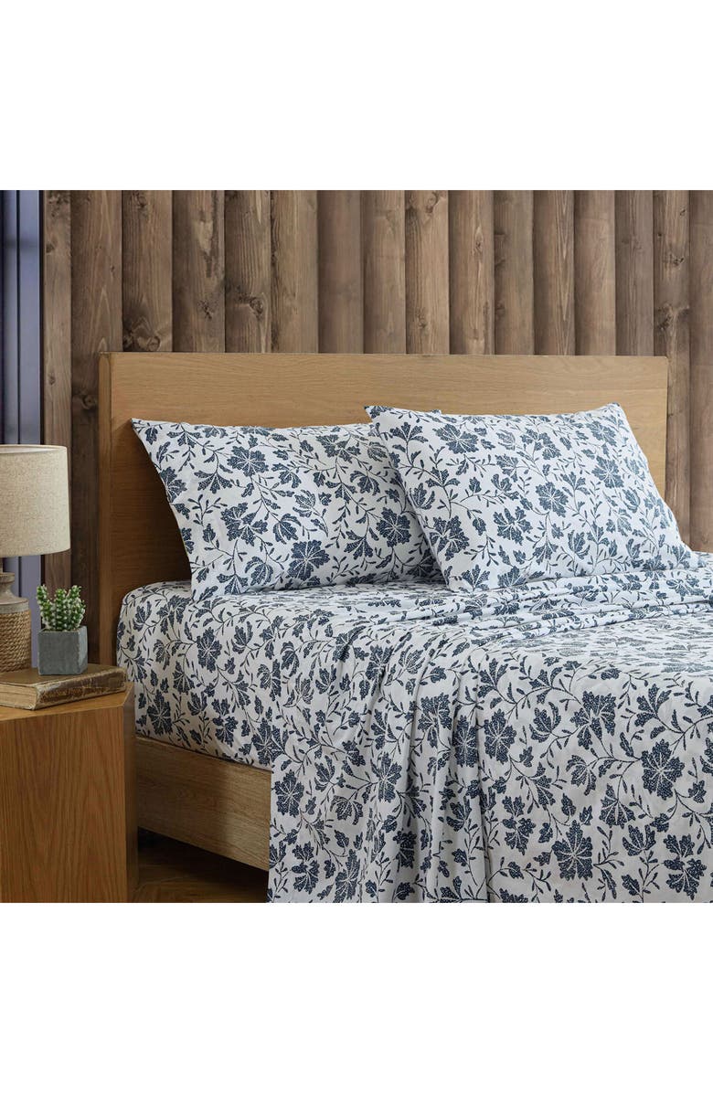 Eddie Bauer Woodblock Floral 200 Thread Count Cotton Percale Sheet Set, Alternate, color, White/ Blue