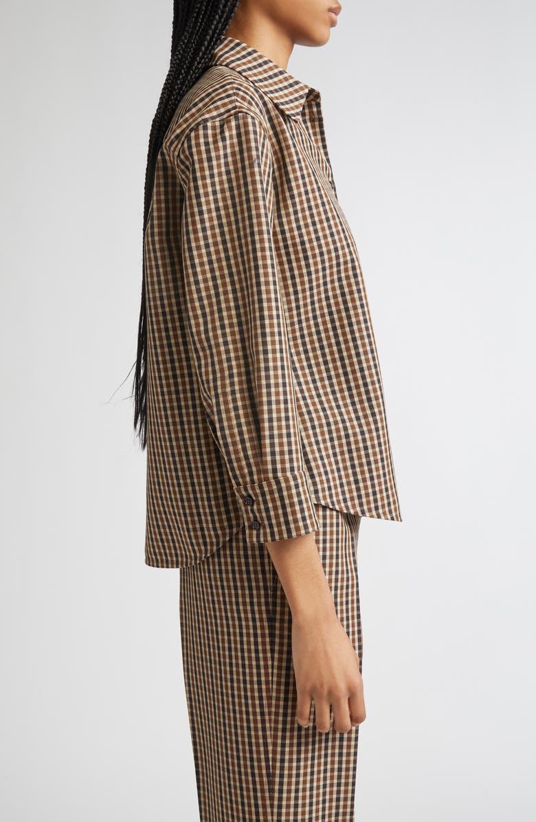 Jil Sander Classic Check Three-Quarter Sleeve Crop Button-Up Shirt, Alternate, color, Hazelnut Mouline