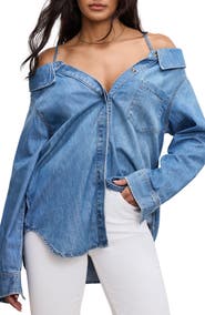Good American Off the Shoulder Denim Shirt