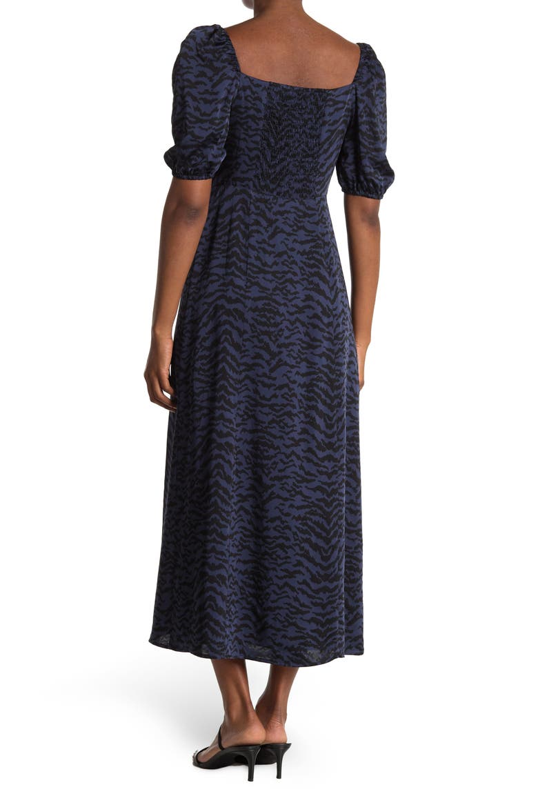 Corset Leopard Print Puff Sleeve Maxi Dress, Alternate, color, NAVY ZEBRA001