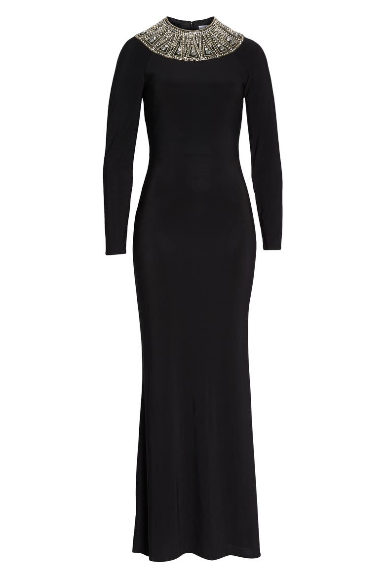Mac Duggal Beaded Collar Long Sleeve Jersey Gown, Alternate, color, BLACK
