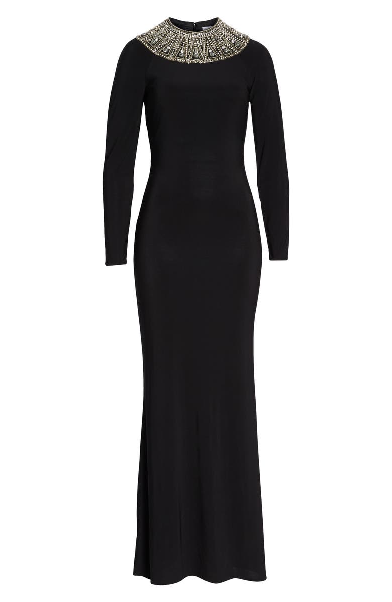 Ieena for Mac Duggal Mac Duggal Beaded Collar Long Sleeve Jersey Gown, Alternate, color, 