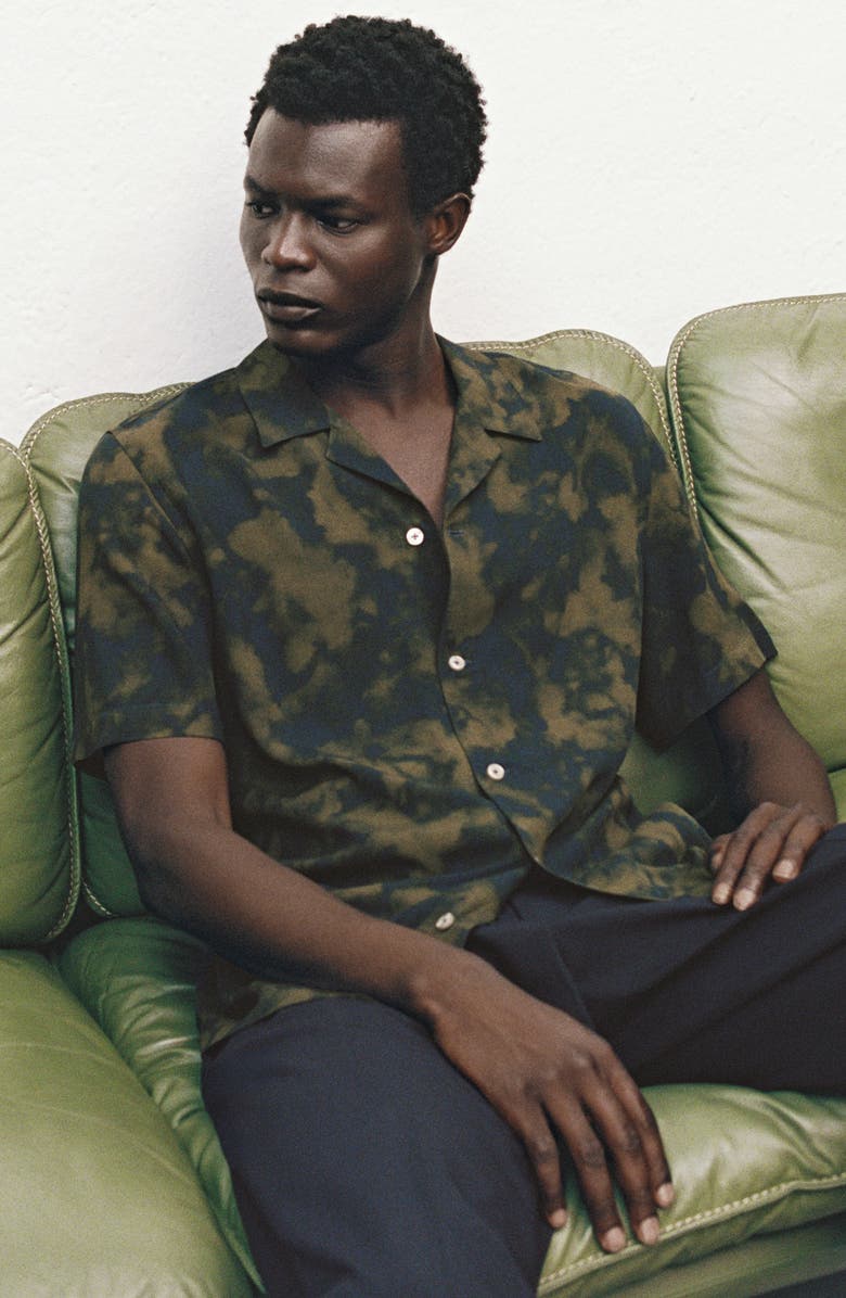 MANGO Fluid Print Camp Shirt, Alternate, color, Olive Green