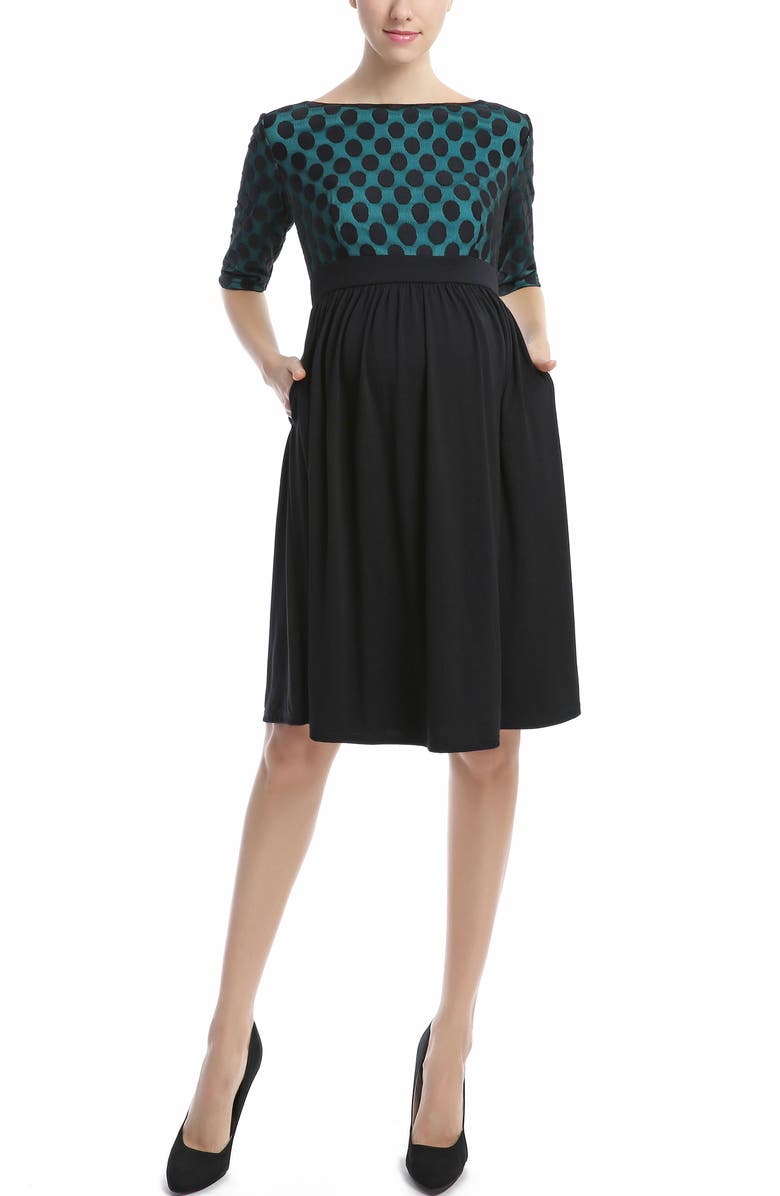 Kimi & Kai Milena Polka Dot Maternity Dress, Main, color, Black Teal