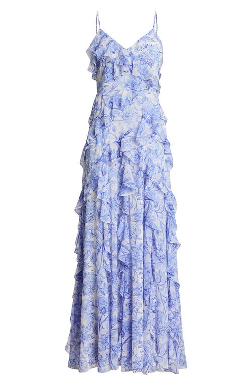 Ralph Lauren Floral Ruffle-trim Georgette Gown In Blue
