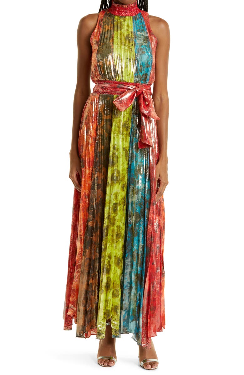 Alice + Olivia Mertie Metallic Stripe Floral Maxi Dress, Main, color, 