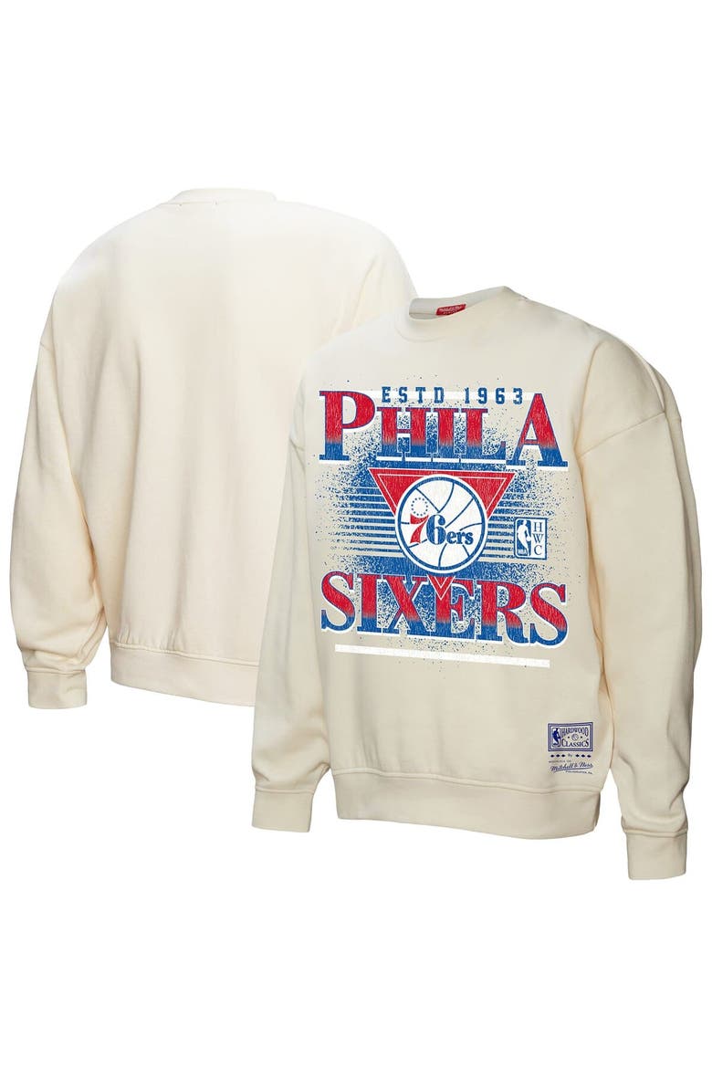 Women's Mitchell & Ness Cream Philadelphia 76ers Oversprayed Pullover Sweatshirt, Main, color, Cream